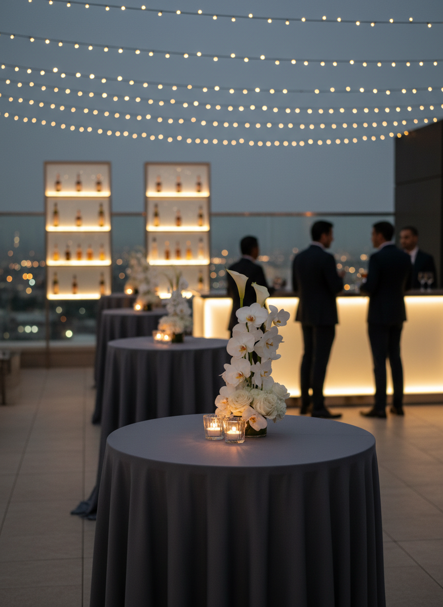 A sophisticated corporate networking cocktail setup on a rooftop terrace in Pune, featuring a series of high, round cocktail tables draped in charcoal linens with crisp, tailored pleats, each topped with a single sculptural floral arrangement in monochrome white and a trio of slim crystal votives. The city lights twinkle softly in the distance, out of focus. Discreet, warm string lights crisscross overhead, while sleek bar counters with backlit shelving glow in the background. The scene is captured in photographic realism from an eye-level perspective, with a moderate depth of field keeping the nearest table in sharp focus. The mood is urbane, polished, and inviting, ideal for illustrating high-end corporate and social events.
