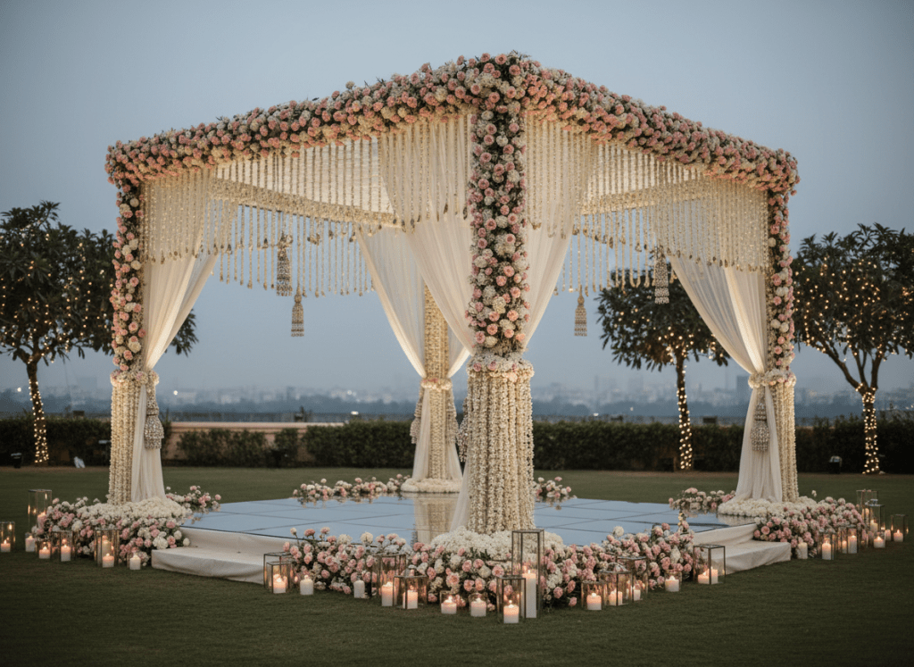 A flawlessly styled outdoor wedding mandap scene on a manicured lawn overlooking a hazy Pune skyline at dusk, featuring a four-pillared structure wrapped in cascading white mogra and blush roses, with sheer ivory drapes tied back by jeweled tassels. The mandap sits on a raised, mirrored platform adorned with low floral runners and clusters of glass lanterns holding flickering candles. Soft twilight blends with strategically placed warm fairy lights woven into nearby trees, creating a magical, romantic glow. Captured in photographic realism from a low, slightly off-center angle using the rule of thirds, the background softly blurs to emphasize the mandap as the focal point. The atmosphere is serene, opulent, and cinematic, perfectly representing luxury wedding expertise.
